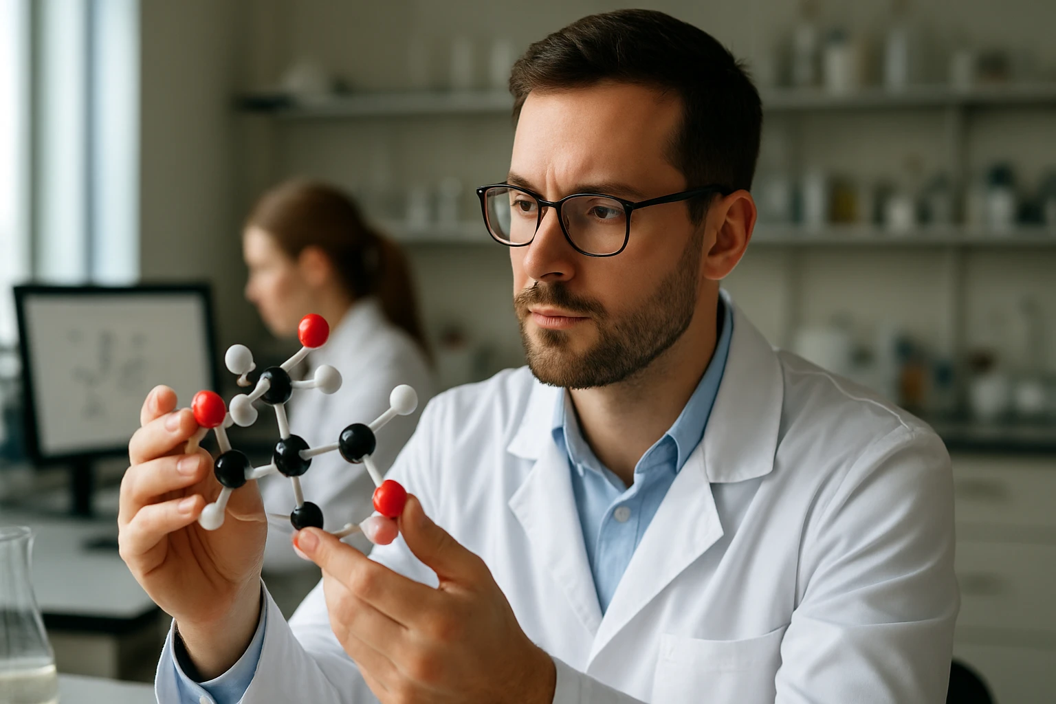 Kémikus a tartarogliceridek molekuláris szerkezetét vizsgálja a laborban.