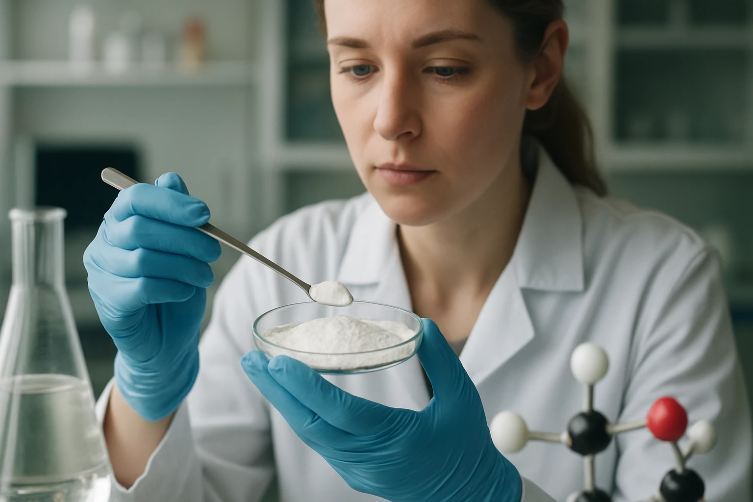 Kémikus fehér poranyag elemzése laboratóriumban