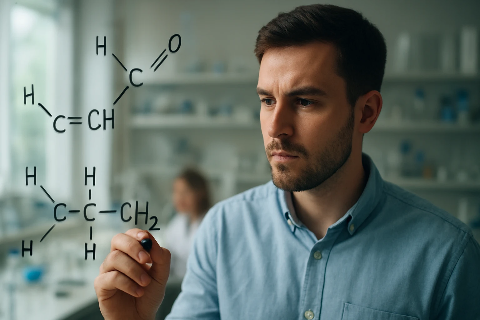 Kémikus a telítetlen szénhidrogének képleteit elemzi egy laboratóriumban.