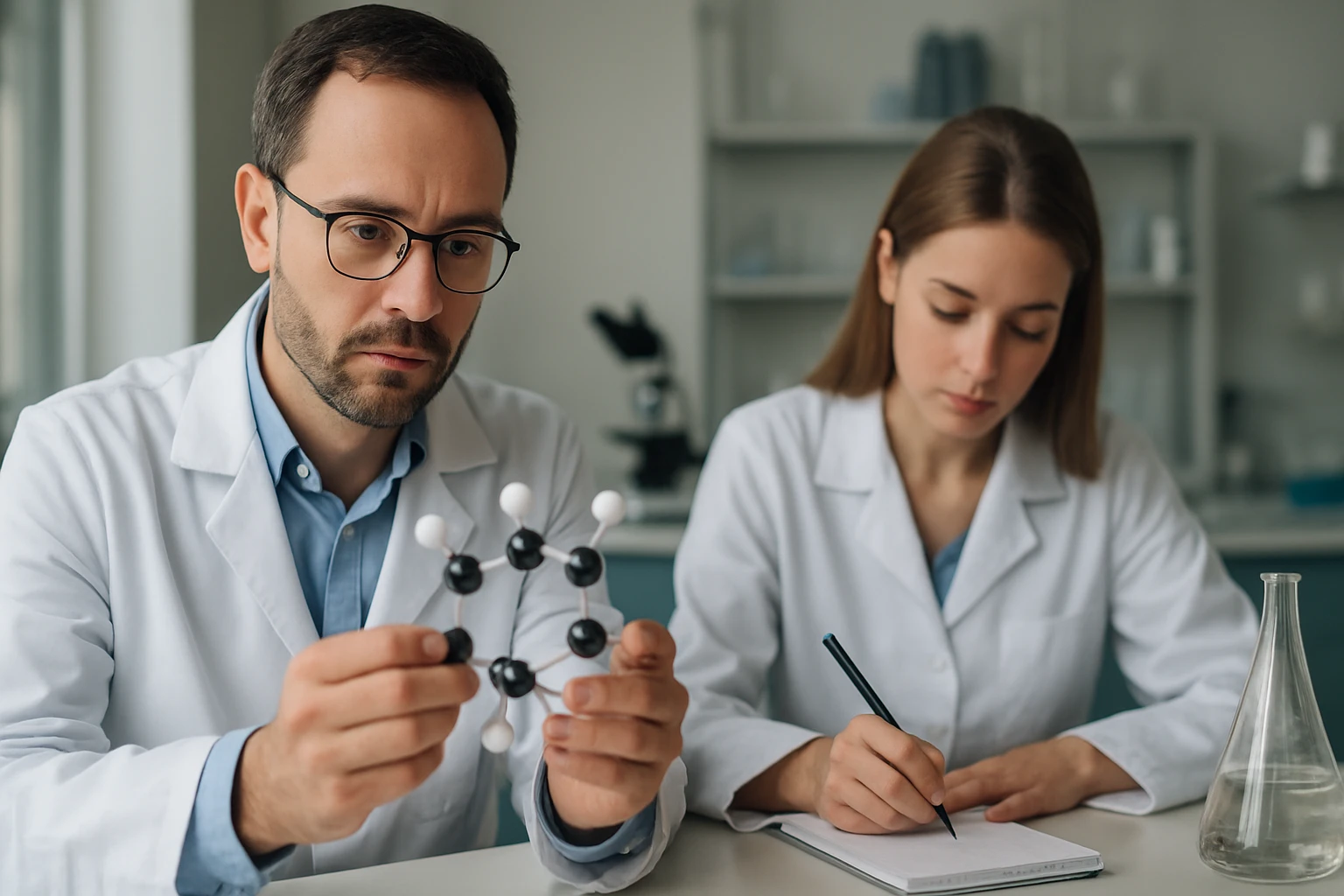 Két kémikus telített vegyületek modellezésével foglalkozik laboratóriumban.