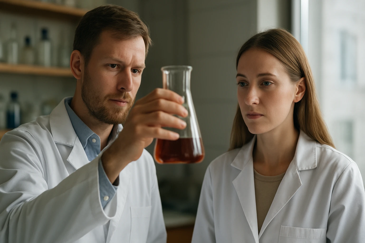 Két kutató laboratóriumban kémiai oldatot vizsgál
