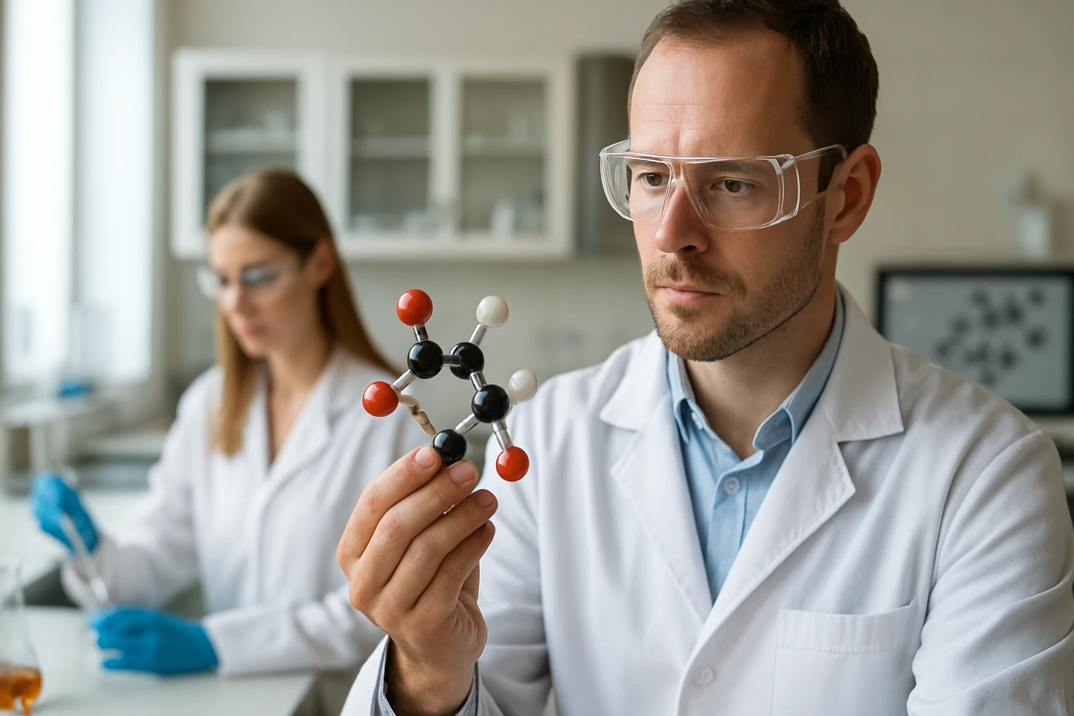 Kémikus a laborban, tercier amidok molekula modelljével