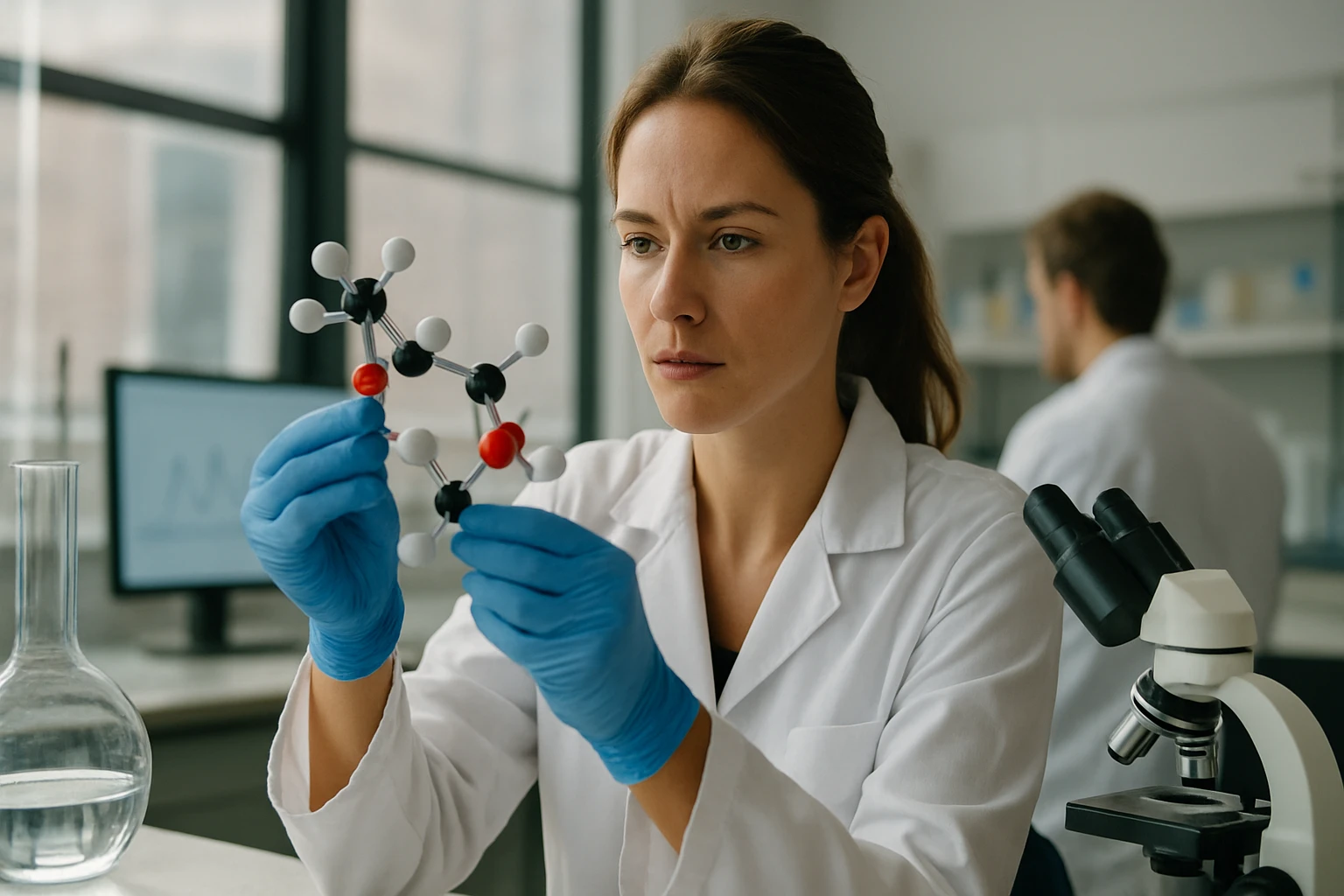 Női kémikus a tercier-butil-4-hidroxi-anizol molekula modellezésével foglalkozik.