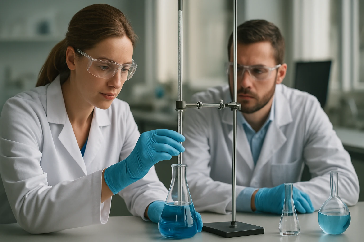 Két tudós kémiai kísérletet végez titrálás során laboratóriumban.