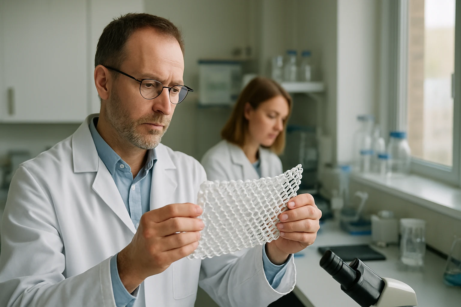 Kutatók térhálós műanyag szerkezetét vizsgálják laboratóriumban.