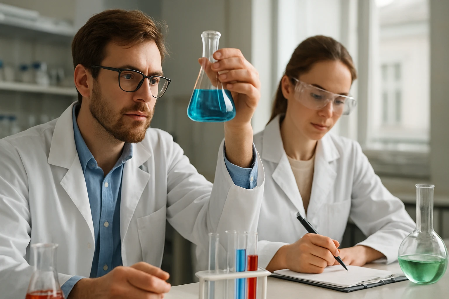 Két kutató laboratóriumban titrálást végez, kémiai reakciókat figyelnek meg.