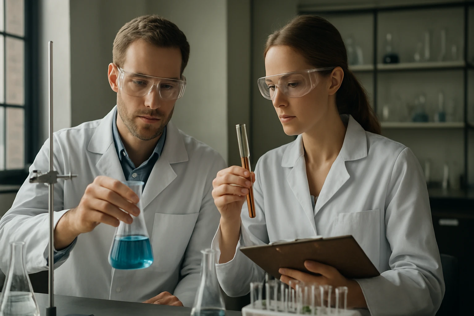 Két kémikus laboratóriumban kék folyadékot vizsgálva kémiakísérlet közben.