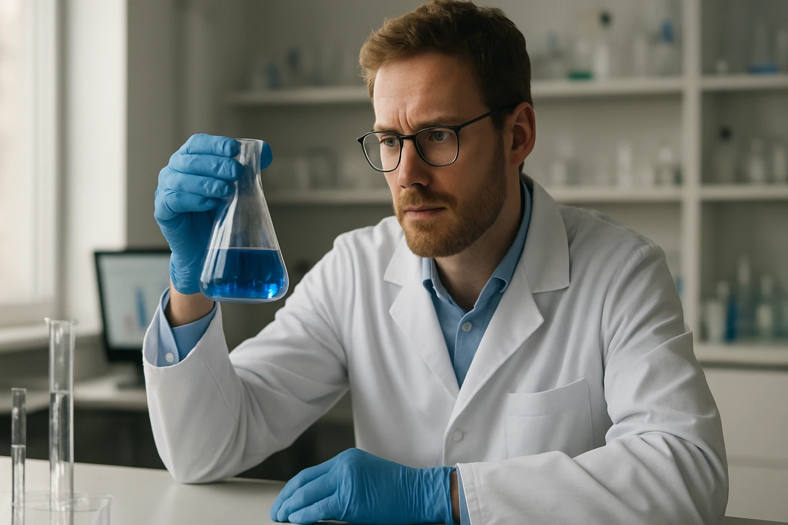 Kémikus kék folyadékkal teli kémcsövet tart a laborban