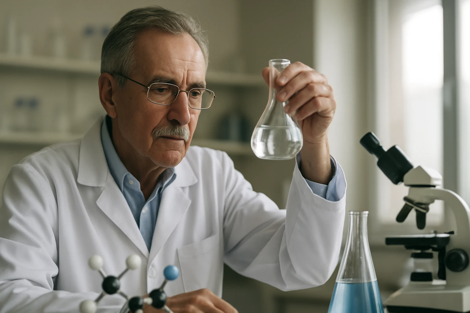 Idős vegyész laboratóriumban, kémcsövekkel és mikroszkóppal dolgozik.