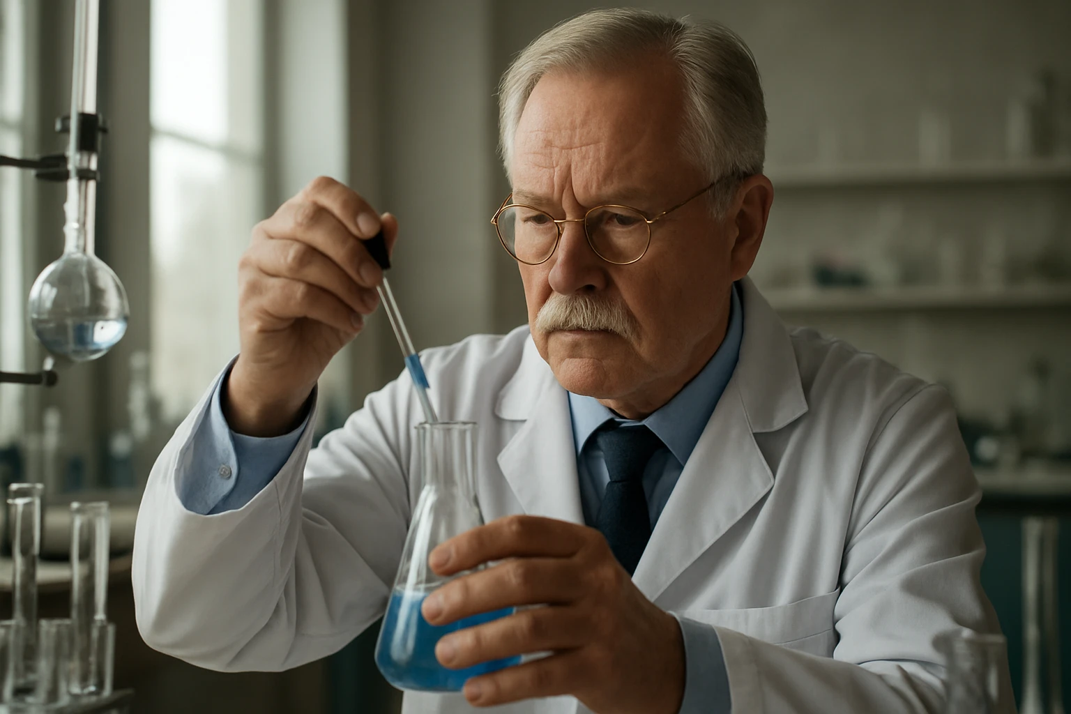Egy vegyész laborban kék folyadékot készít el egy flakonnal.