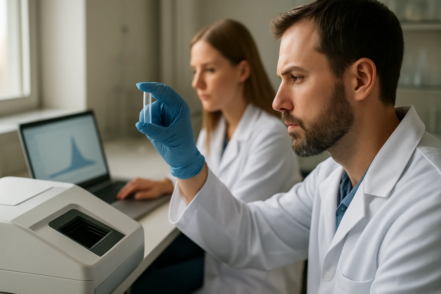 Kutatók UV-Vis spektroszkópiás méréseket végeznek laboratóriumban