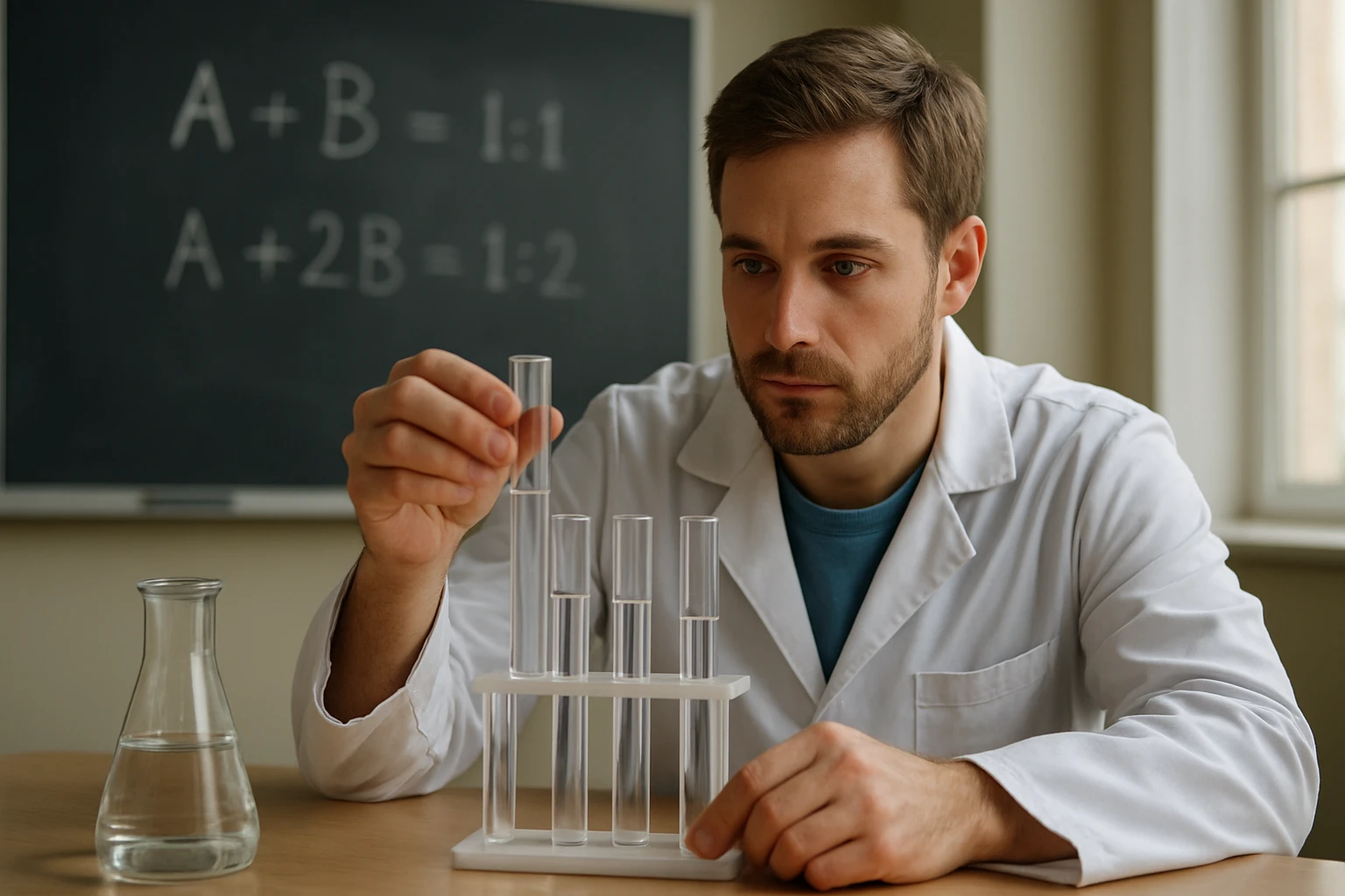 Kémikus kísérletezik és vizsgál egy gázkeveréket.