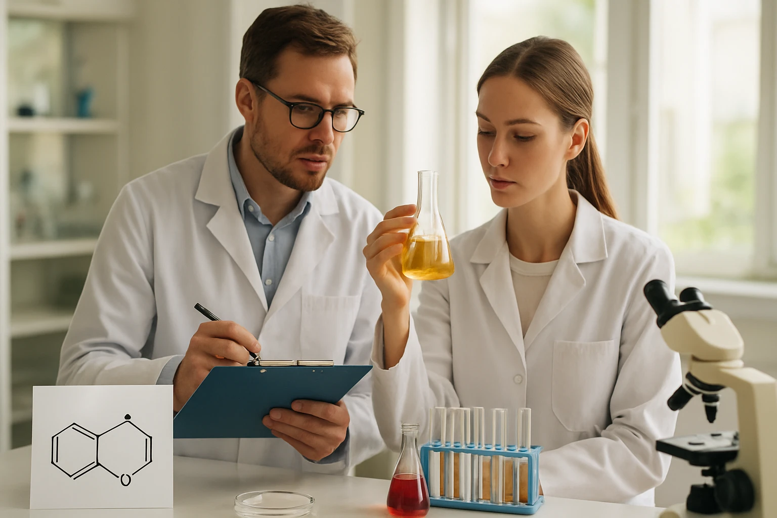 A difenil-keton képlete, jellemzői és alkalmazási területei Két kutató a difenil-keton vizsgálatán laboratóriumban.