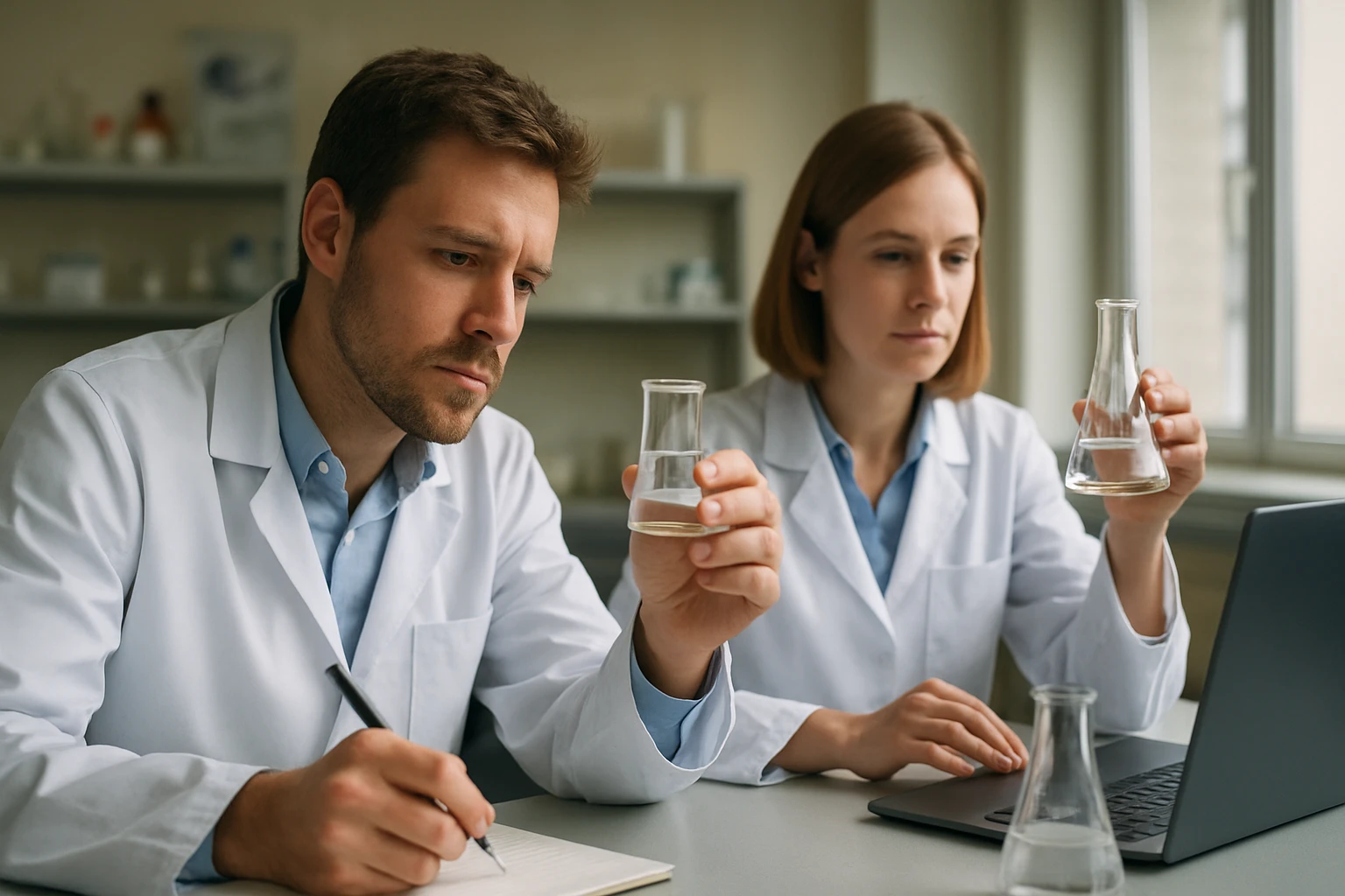 Kémikusok laboratóriumban tömegszázalék és koncentráció számítást végeznek.