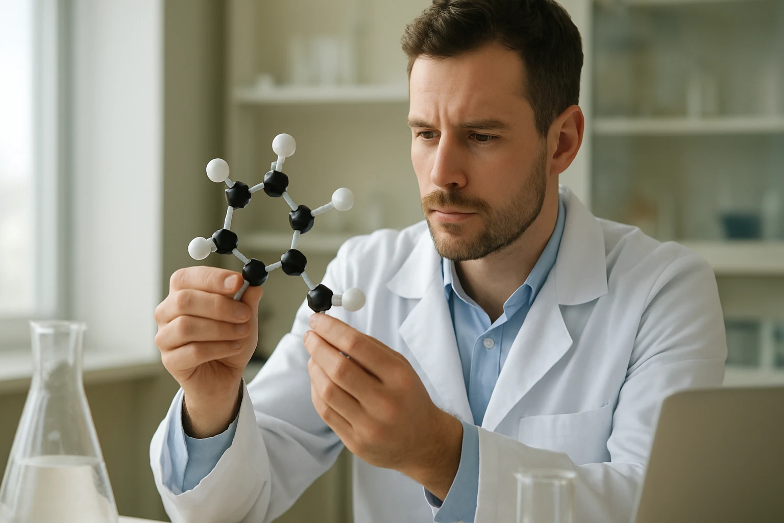 Kutató felfedezi a farnézol molekulát laboratóriumban.