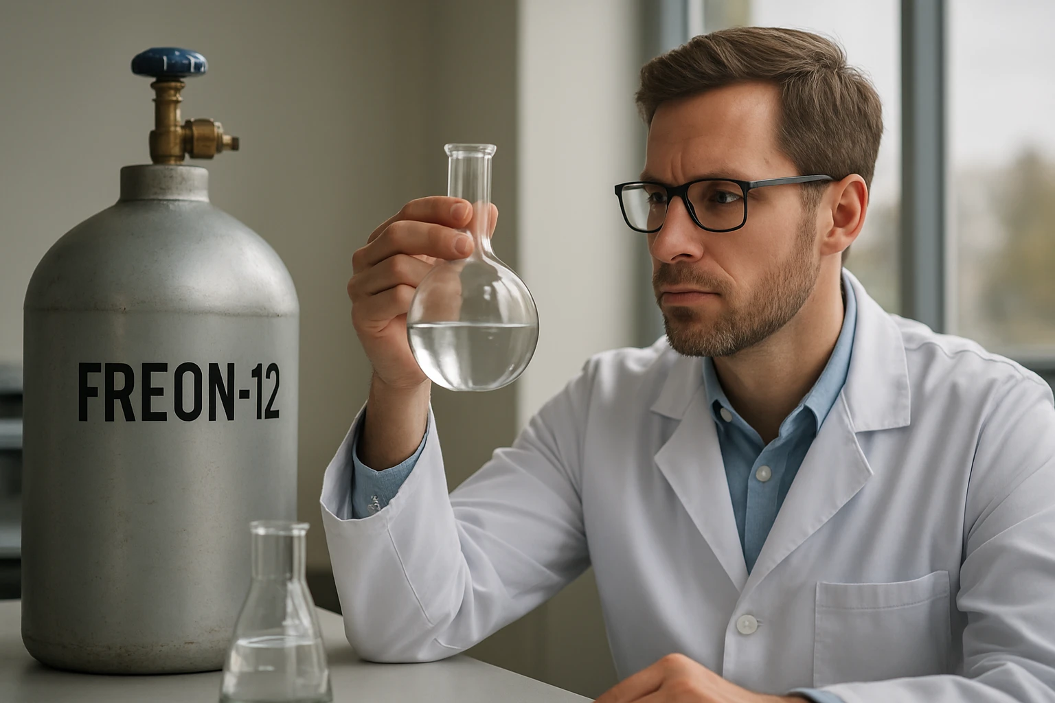 Freon-12: Képlet, Tulajdonságok és Környezeti Hatások Kémikus vizsgálja a Freon-12 tégelyt laboratóriumban