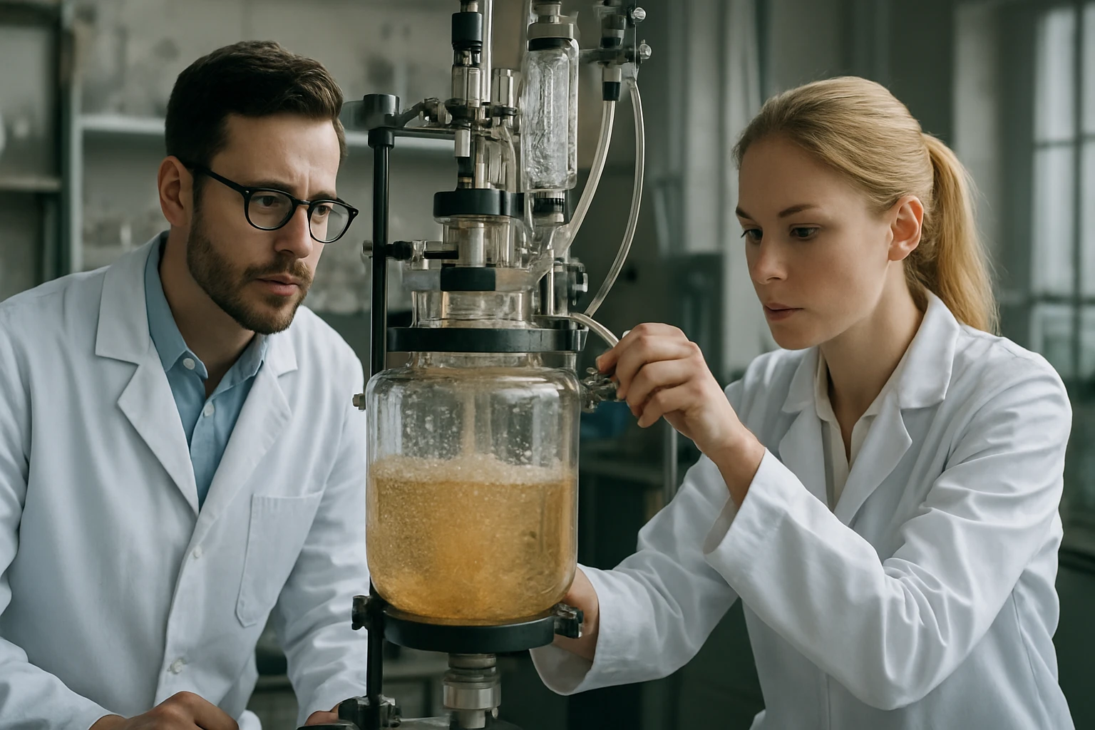 Kémikusok a gőzös reformálás kémiai folyamatát vizsgálják laboratóriumban.
