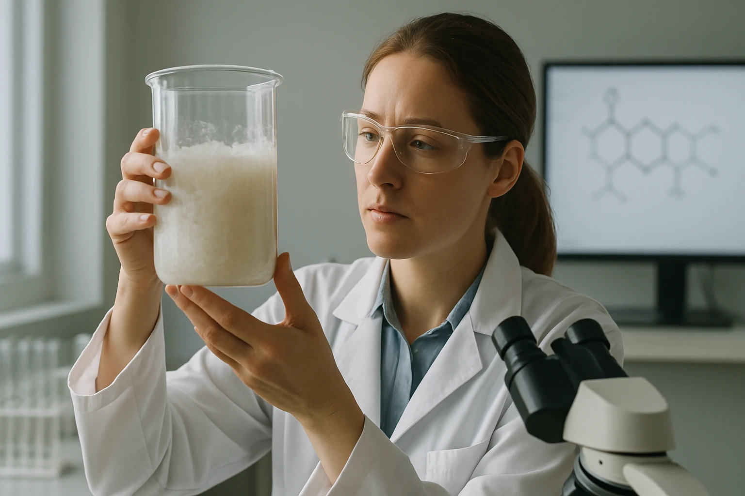 A hidratált cellulóz szerkezete, tulajdonságai és előállításának módjai A kutató nő a hidratált cellulóz anyagot vizsgálja laboratóriumban.