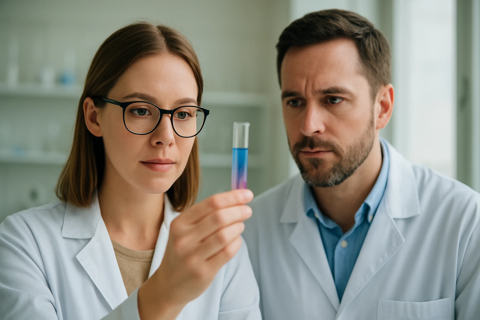 Két kutató a termokróm anyagokat vizsgálja laboratóriumban.