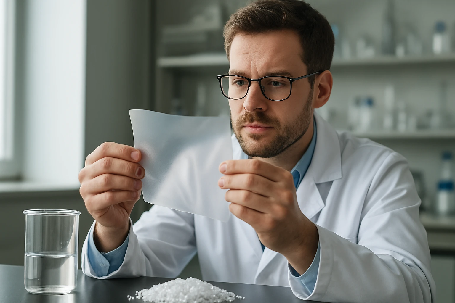 A hőre lágyuló műanyagot vizsgáló tudós laboratóriumban.