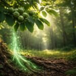 Juglon molekula megjelenítve diófa környezetben és növényi allelopátiát jelző vizuálisan ábrázolva