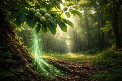 Juglon molekula megjelenítve diófa környezetben és növényi allelopátiát jelző vizuálisan ábrázolva