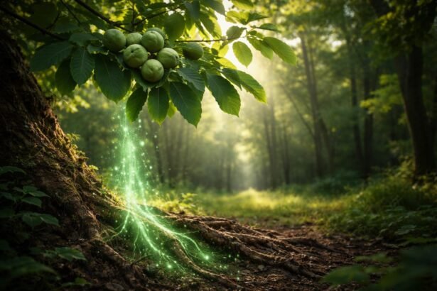 Juglon molekula megjelenítve diófa környezetben és növényi allelopátiát jelző vizuálisan ábrázolva