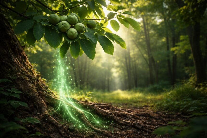 Juglon molekula megjelenítve diófa környezetben és növényi allelopátiát jelző vizuálisan ábrázolva