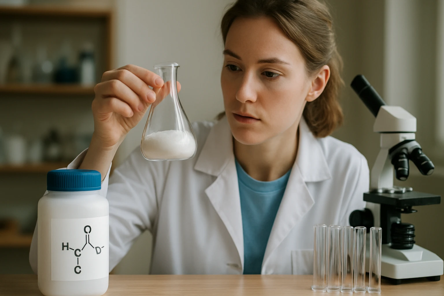 Kálium-bikarbonát kémiai elemzése laboratóriumban.