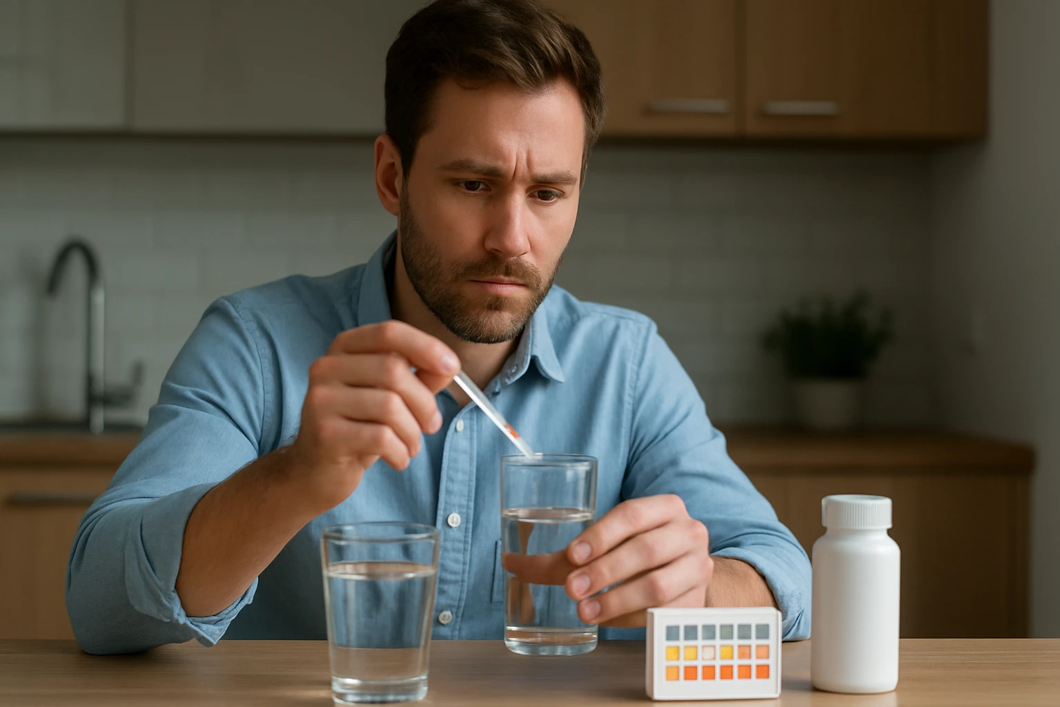 Férfi víz keménység mérés közben laboratóriumi környezetben.