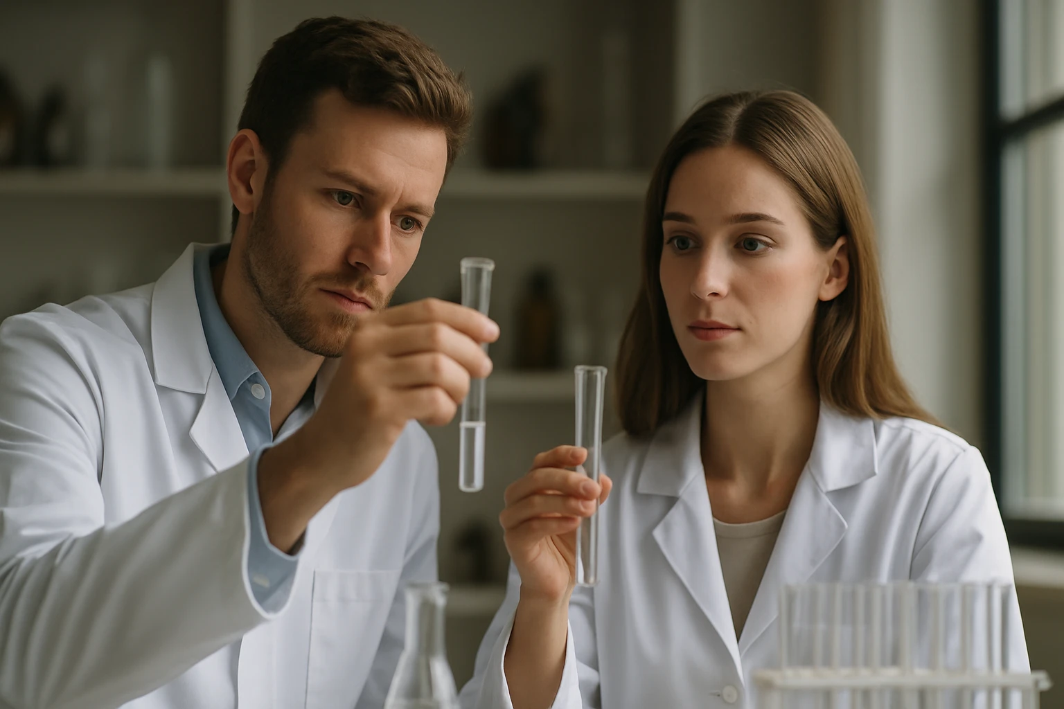 Két kutató a laborban, kémiai reakciókat vizsgálva tesztcsövekben.
