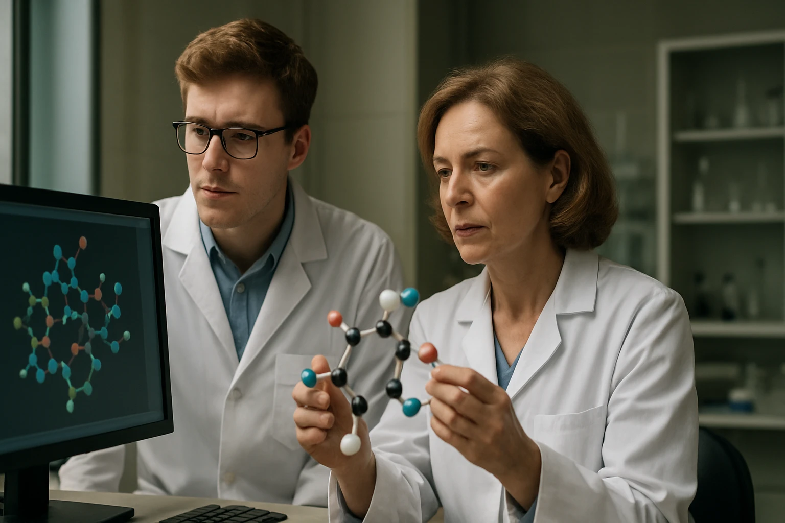 Két kutató kvantumkémiai modellek elemzésén dolgozik egy laboratóriumban.