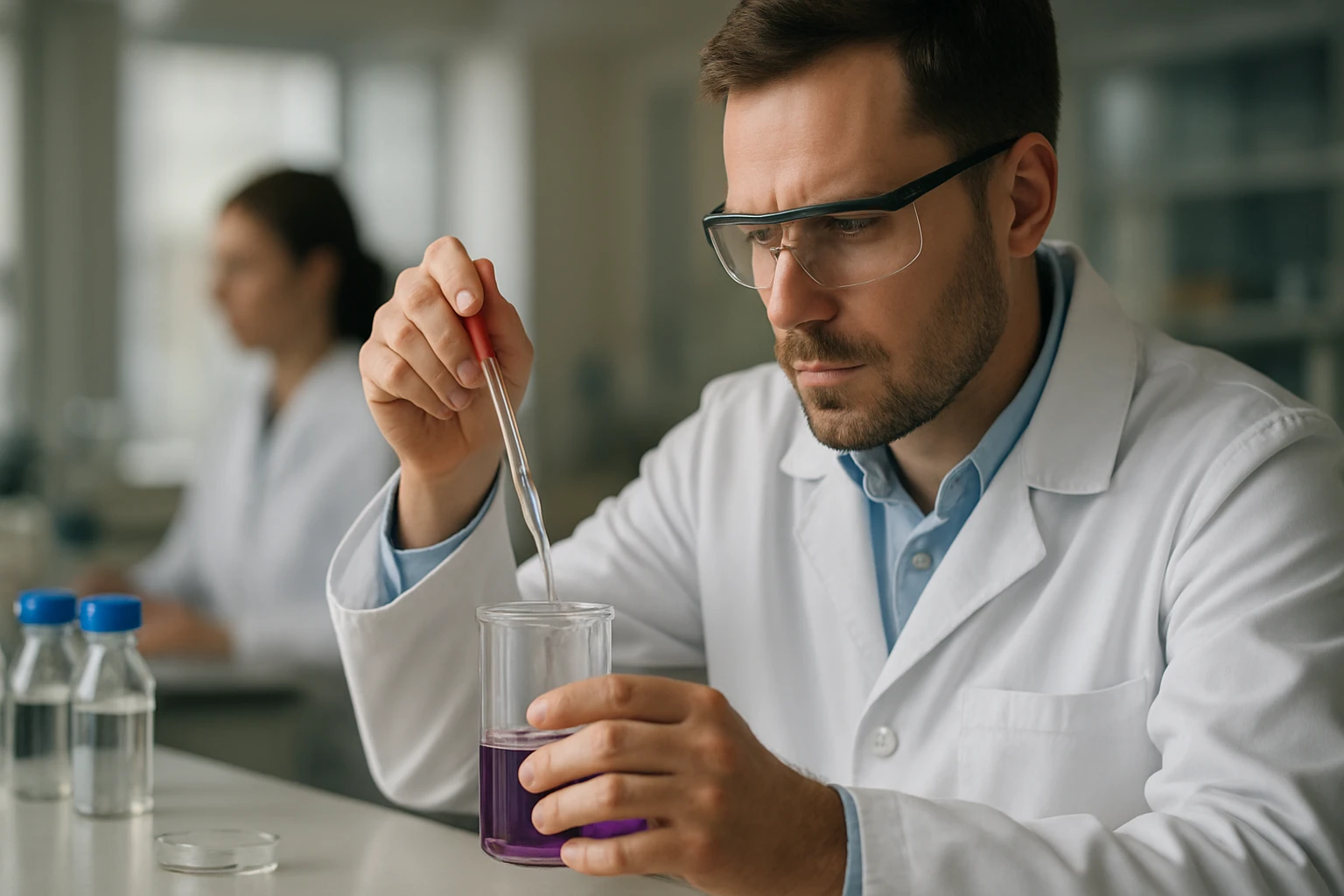 Laboratóriumi kísérlet során kémikus vas(III)-kloridot vizsgál.