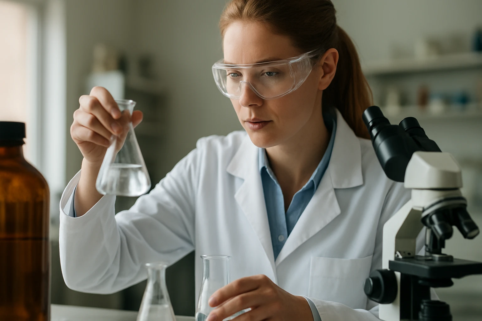 Kémikus kémiai kísérletet végez a laboratóriumban.