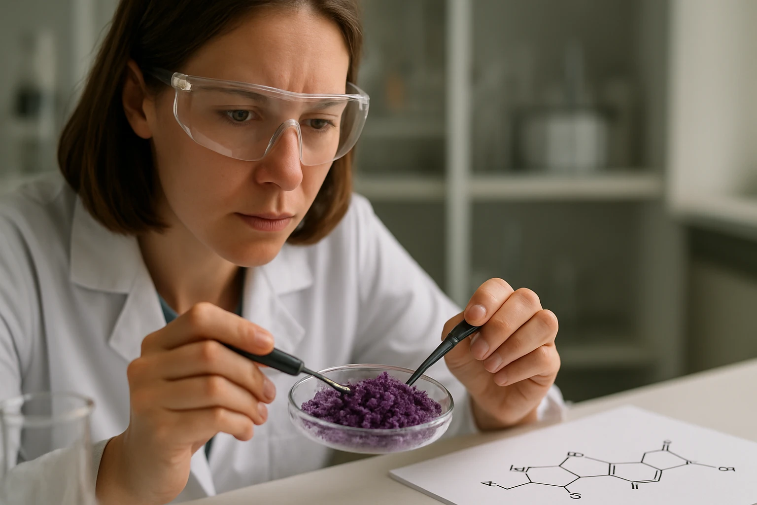 Kutató laboratóriumban a kristályibolya porát vizsgálja.