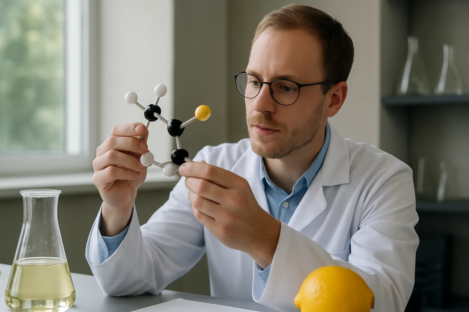 A limonén képlete, tulajdonságai és felhasználási lehetőségei Kutató a limonén molekuláját elemzi laboratóriumban.