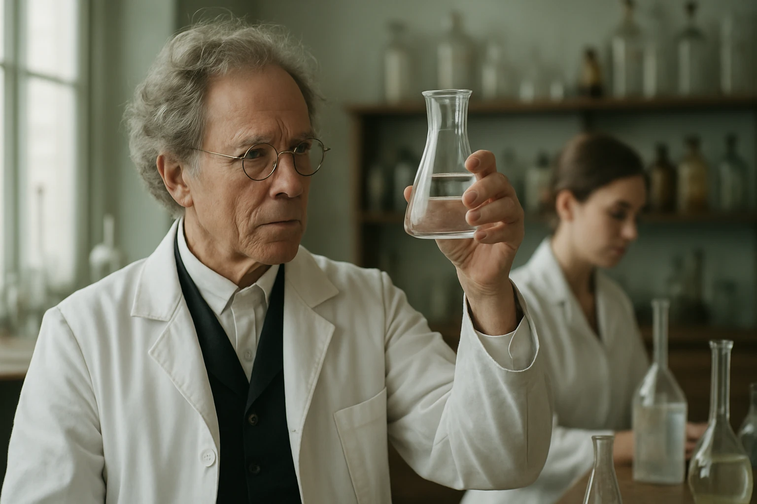 Kémikus laboratóriumban kémcsövet tartva, háttérben laboratóriumi eszközök.