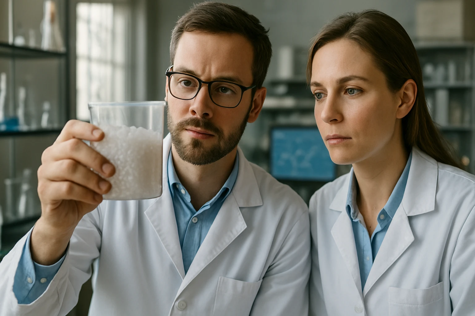 Két tudós laboratóriumban, TPS műanyag feldolgozással foglalkozva.