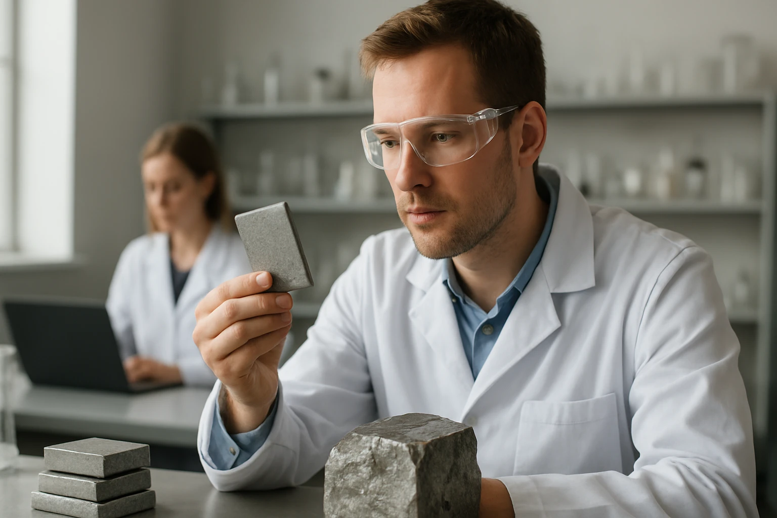 Kutató a fémötvözeteket vizsgálja laboratóriumban.