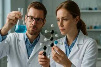 Két kémikus laboratóriumban egy vegyületet és egy kémcsövet vizsgál.