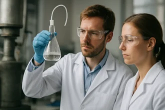 Két laboratóriumi szakember törökgázt vizsgál, tudományos kísérlet során.