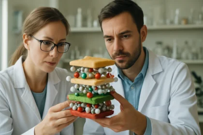 Kutatók többemeletes szendvics szerkezettel kémiai vizsgálaton.