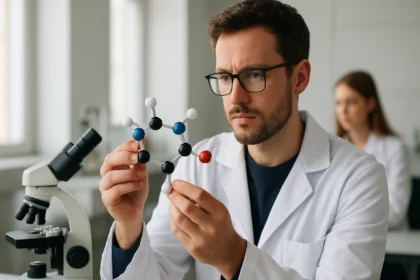 Kutató többértékű aminokat vizsgál egy molekula modell segítségével.