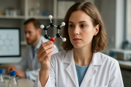 Női tudós többértékű alkohol molekulát vizsgál.