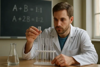 Kémikus kísérletezik és vizsgál egy gázkeveréket.