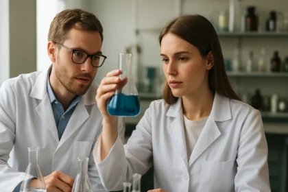 Két tudós kémiai kísérletet végez, folyadékot vizsgálva laboratóriumban.