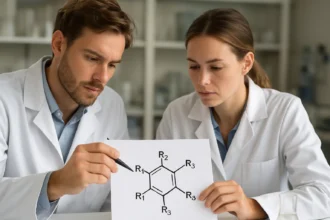 Két tudós benzolszármazék szubsztitúciót elemzett laboratóriumban.