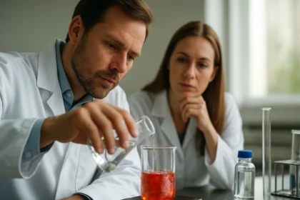 Két kémikus figyel egy laboratóriumi kísérletet egy piros folyadékkal.