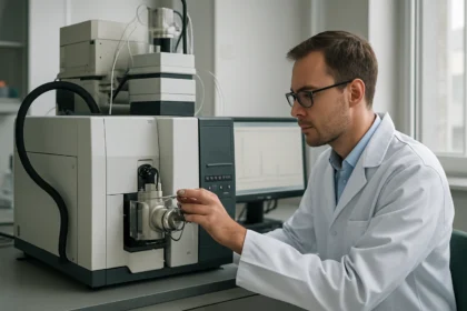 Laboratóriumi tömegspektrométer használata analitikai célokra.