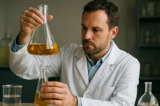 Laboratóriumi szakember terpentinolaj előállítása közben